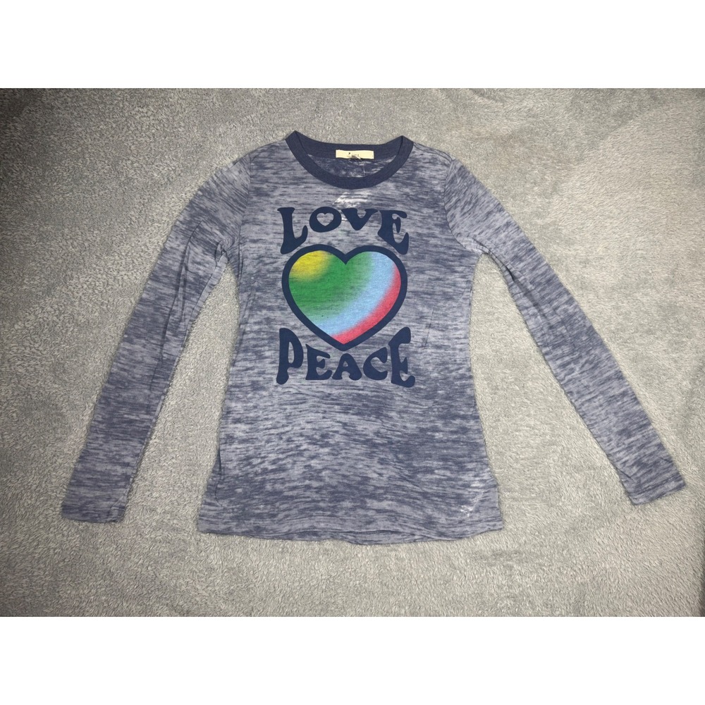 XXI Twenty One Knit Top Womens L Navy NWT Love Peace Heart Graphic Long Sleeve